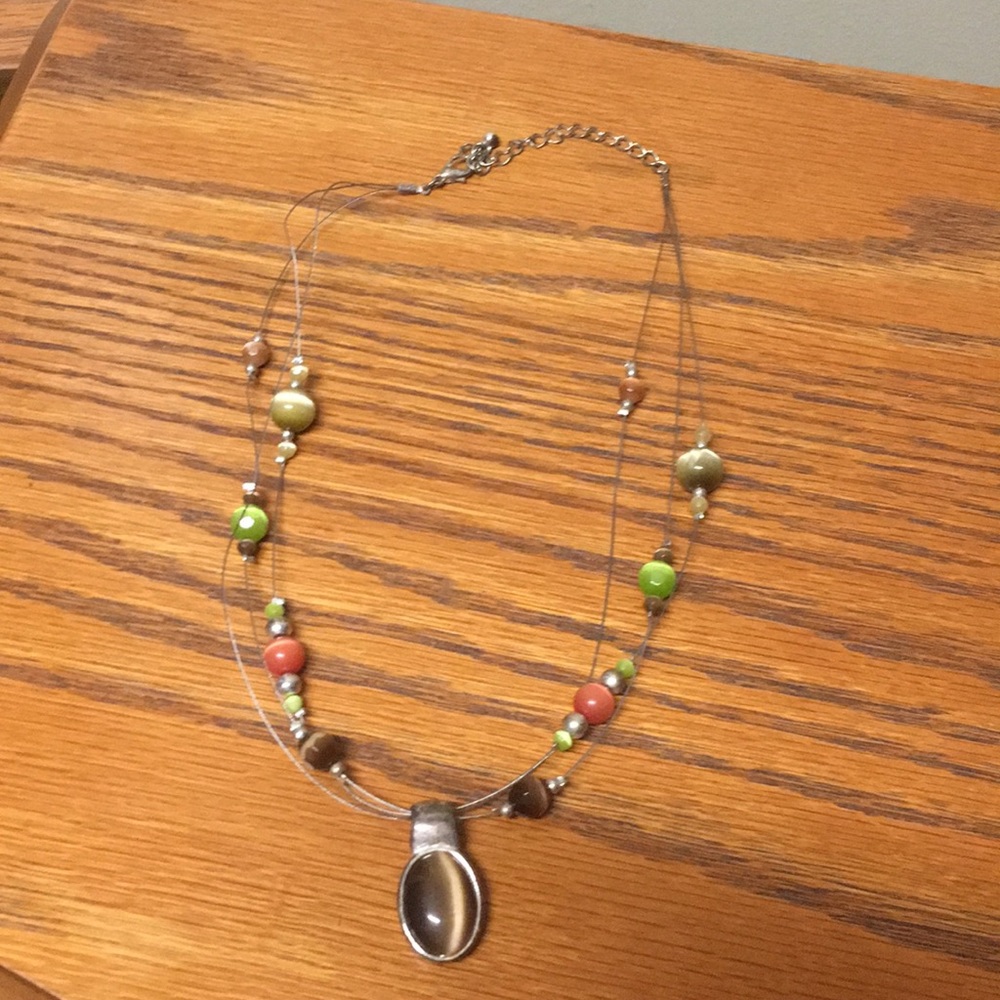 Orange, green and brown wire necklace